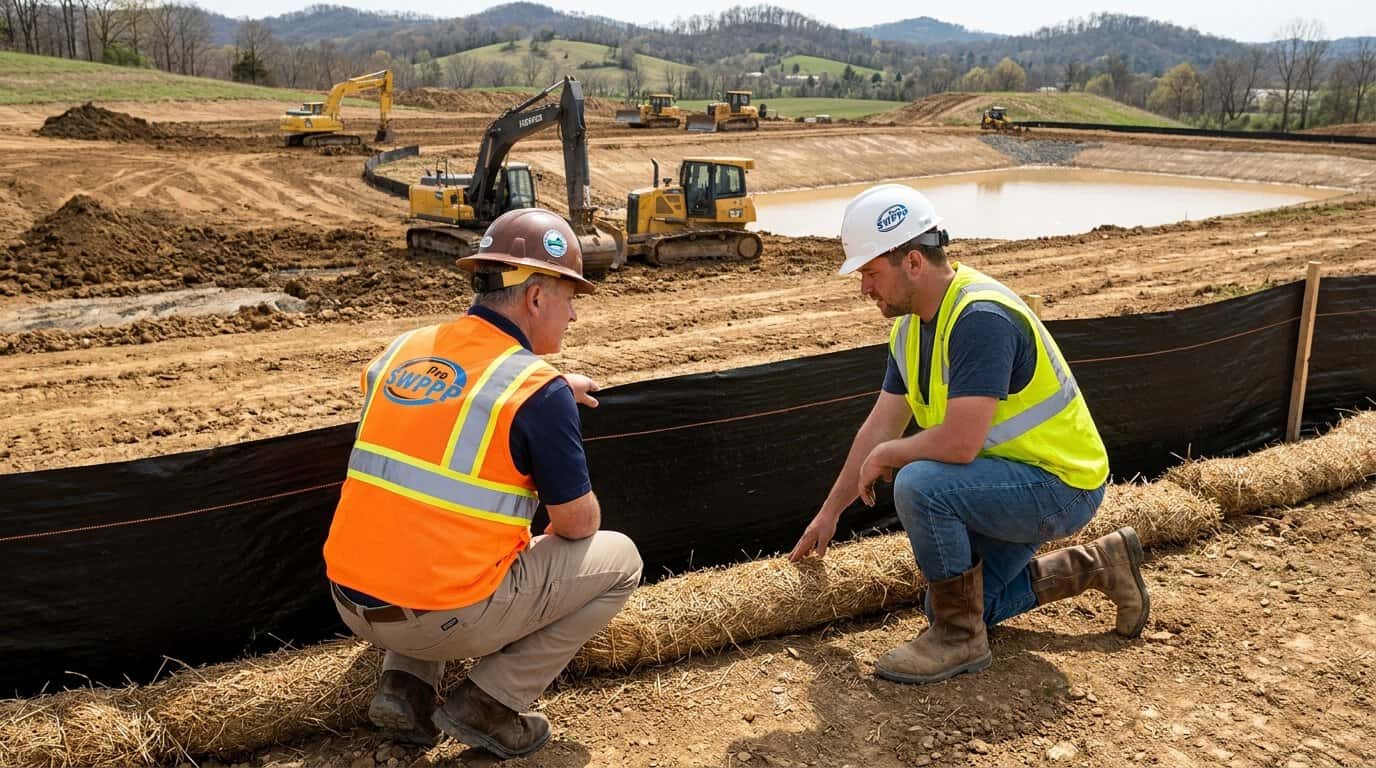 Kentucky Division of Water inspector reviewing construction site erosion control measures with contractor