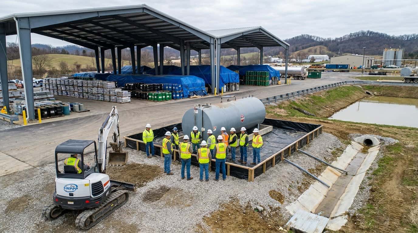 Industrial facility in Kentucky with stormwater BMPs including covered storage areas and secondary containment