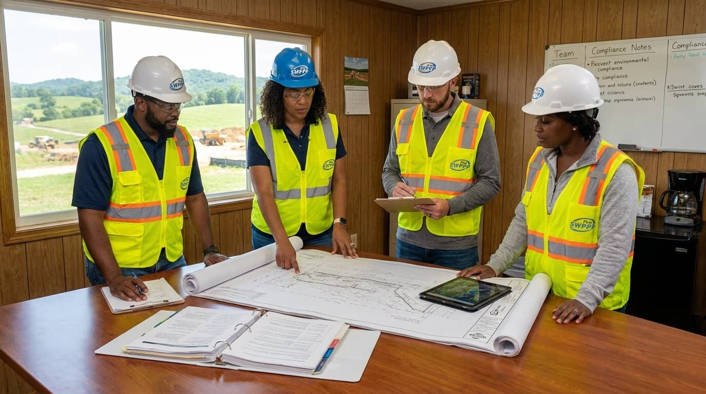 Pro SWPPP team reviewing construction site plans and SWPPP documentation in Kentucky field office