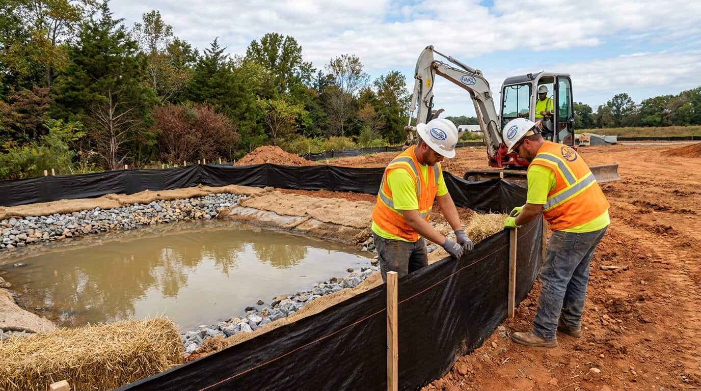 Close-up of sediment basin and silt fence installation at Maryland construction site
