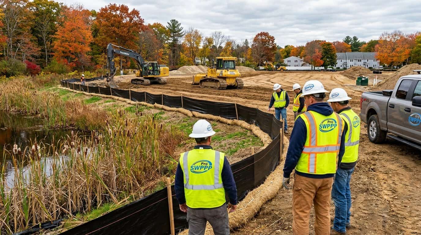Construction site in Massachusetts showing erosion control BMPs and silt fencing protecting nearby wetlands