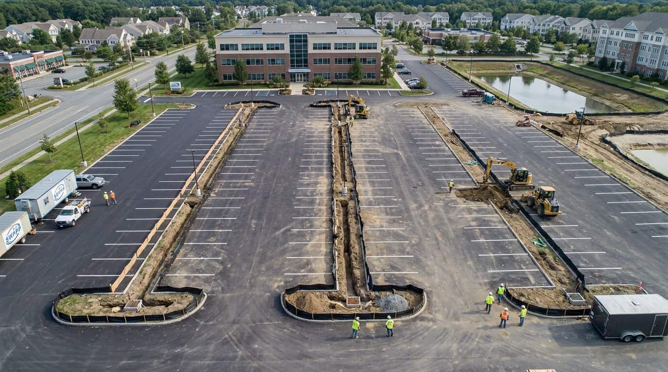 Aerial view of Massachusetts commercial property with large parking lot requiring stormwater management under new CII permit