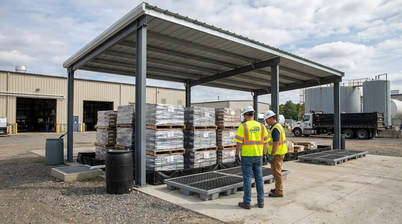 Industrial facility in Massachusetts with covered material storage and secondary containment meeting MSGP requirements