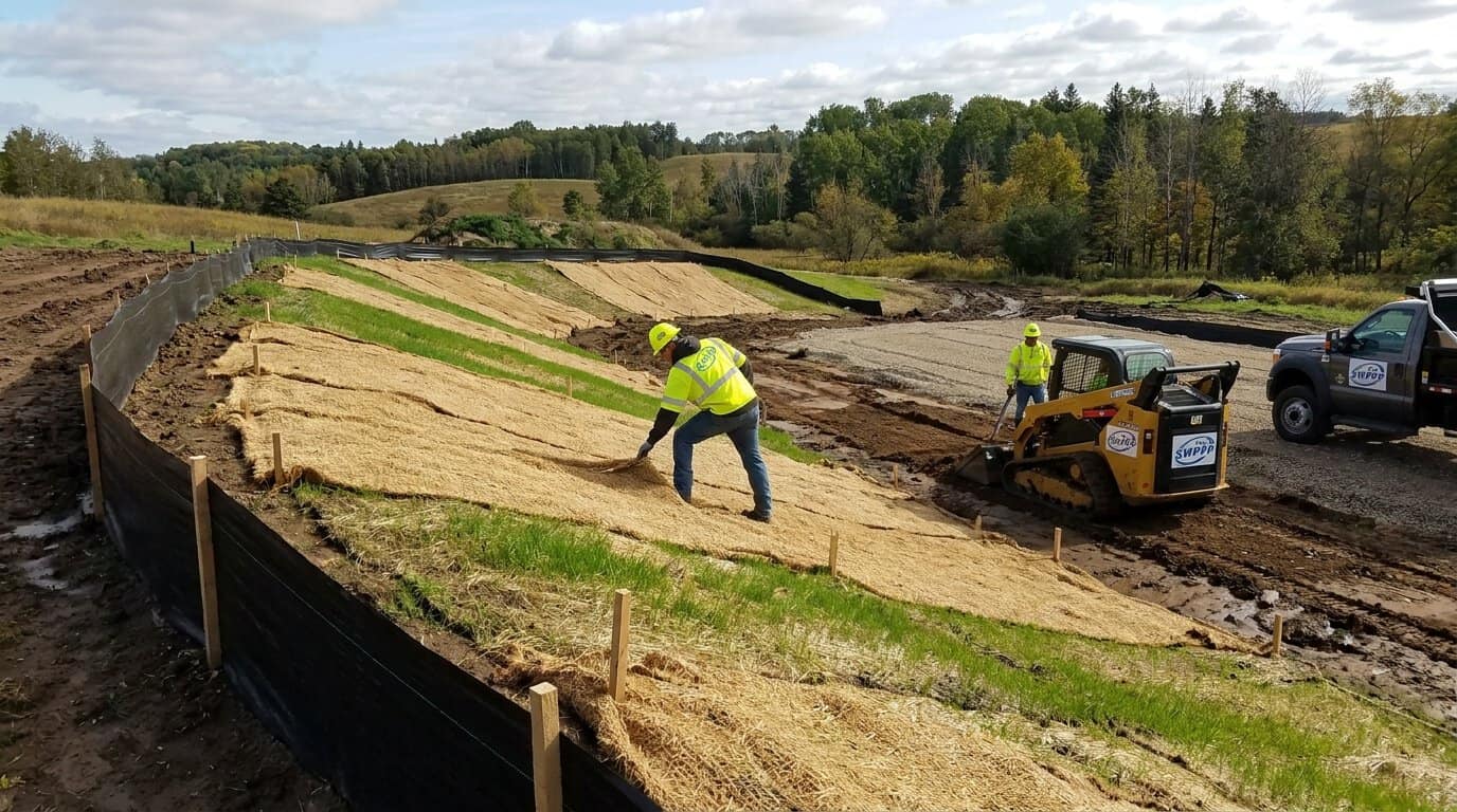 Construction site with properly installed silt fence and stabilized soil areas in Minnesota