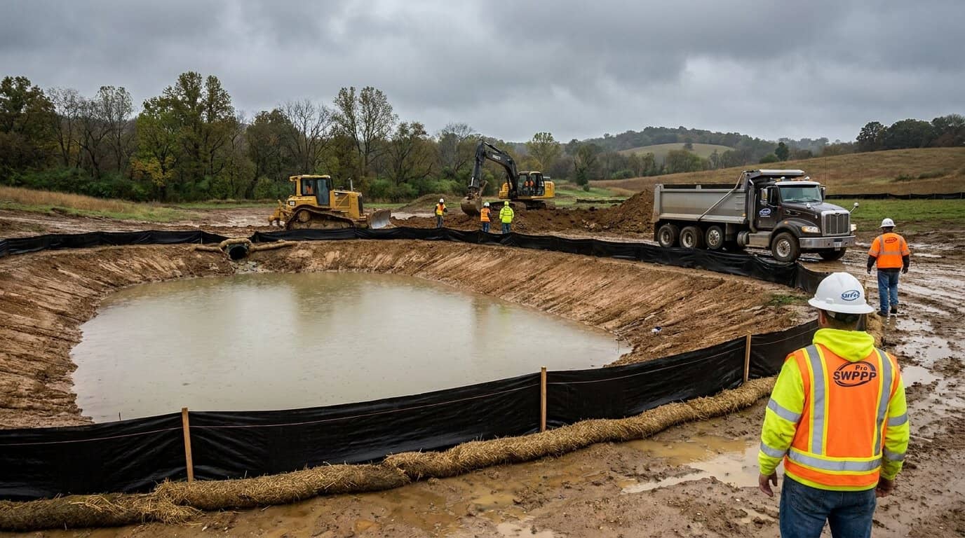 Construction site in Missouri with erosion control fencing and sediment basin under cloudy sky
