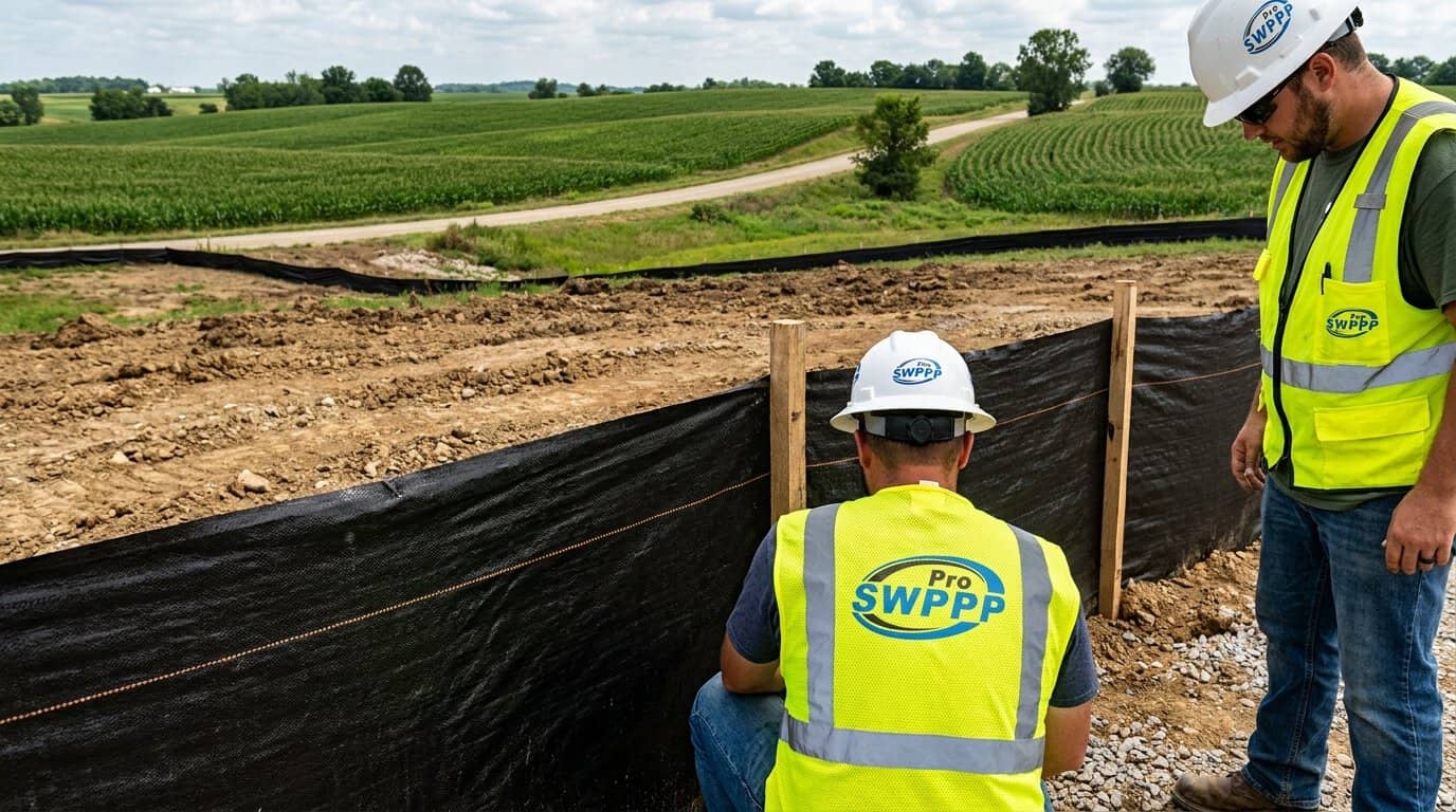 Close-up of silt fence installed along construction site perimeter with Missouri farmland in background