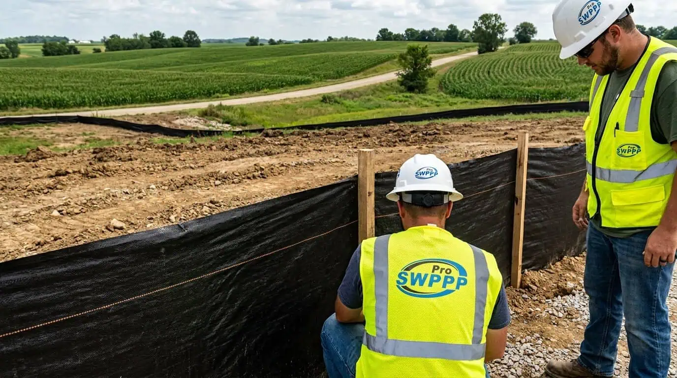 Close-up of silt fence installed along construction site perimeter with Missouri farmland in background