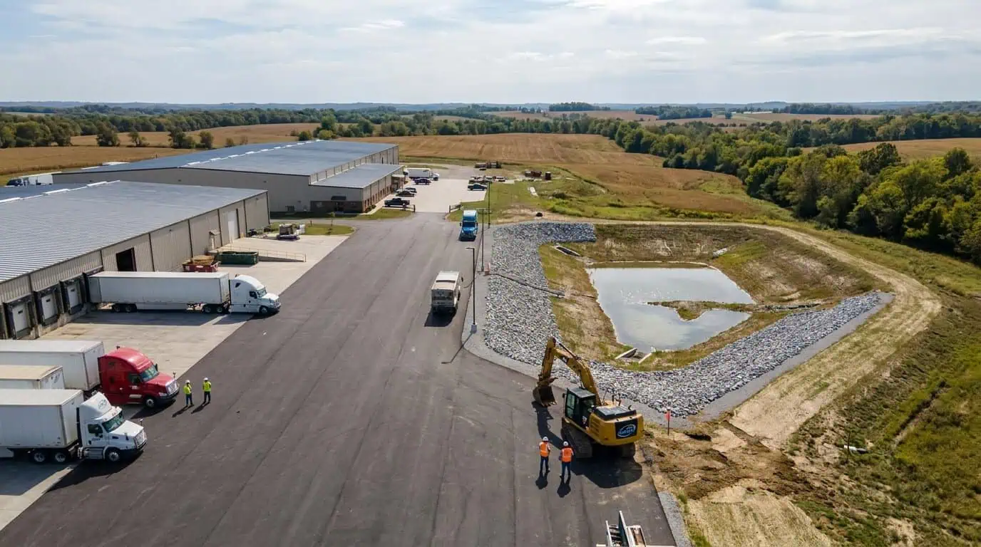 Aerial view of industrial facility in Missouri with stormwater detention pond and paved loading area