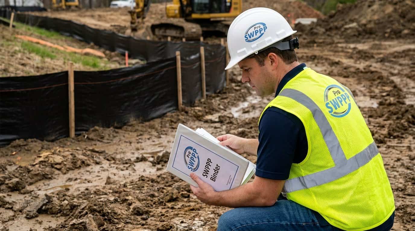 Inspector in hard hat and vest reviewing SWPPP binder at muddy construction site with silt fence visible