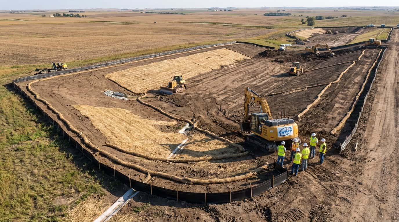 Image: Aerial view of Nebraska construction site with erosion control BMPs installed along disturbed soil perimeter