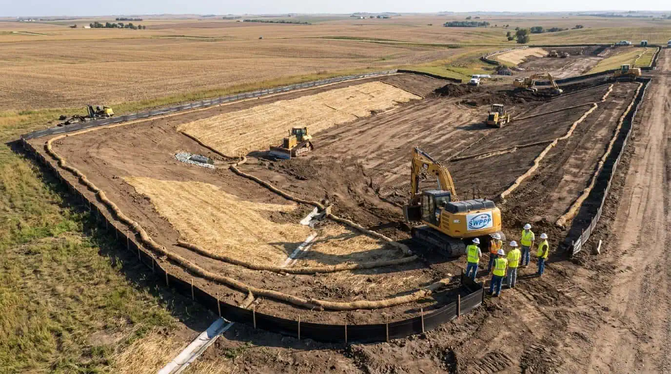 Image: Aerial view of Nebraska construction site with erosion control BMPs installed along disturbed soil perimeter