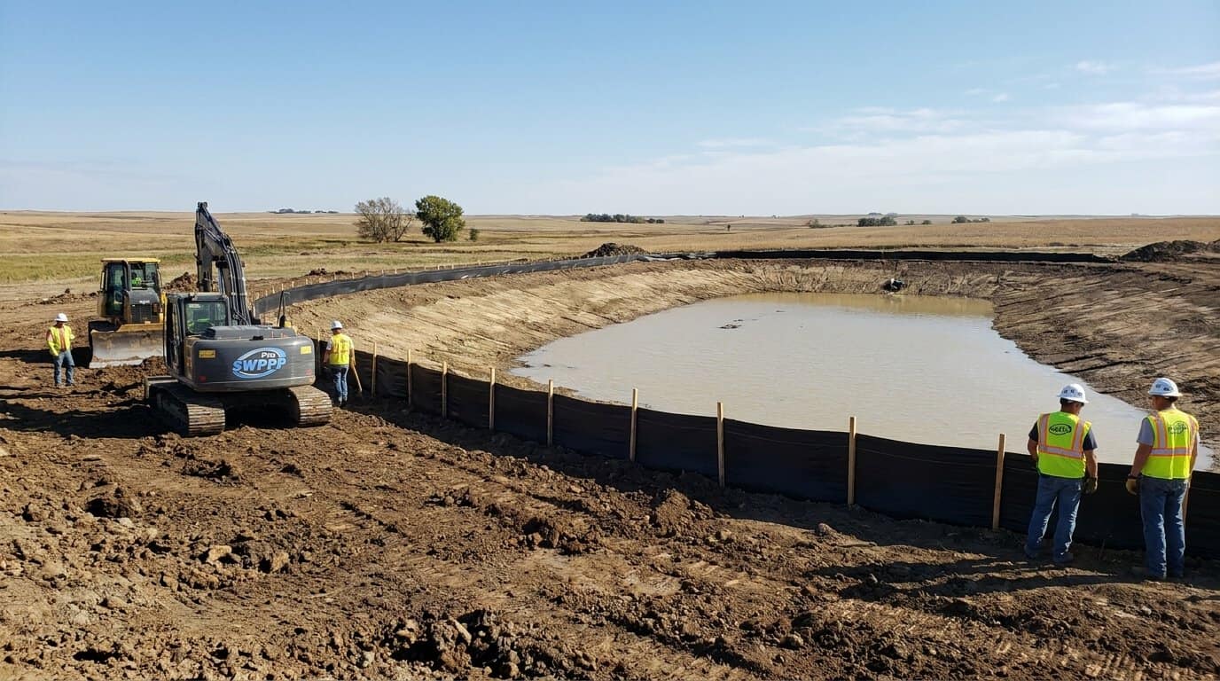 Image: Silt fence and sediment basin installed at Nebraska construction site with disturbed soil and equipment visible