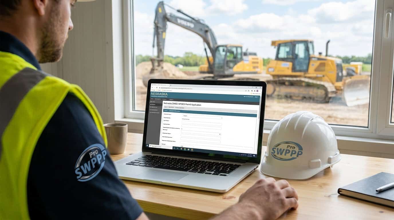 Image: Computer screen showing Nebraska DWEE online portal with NPDES permit application form