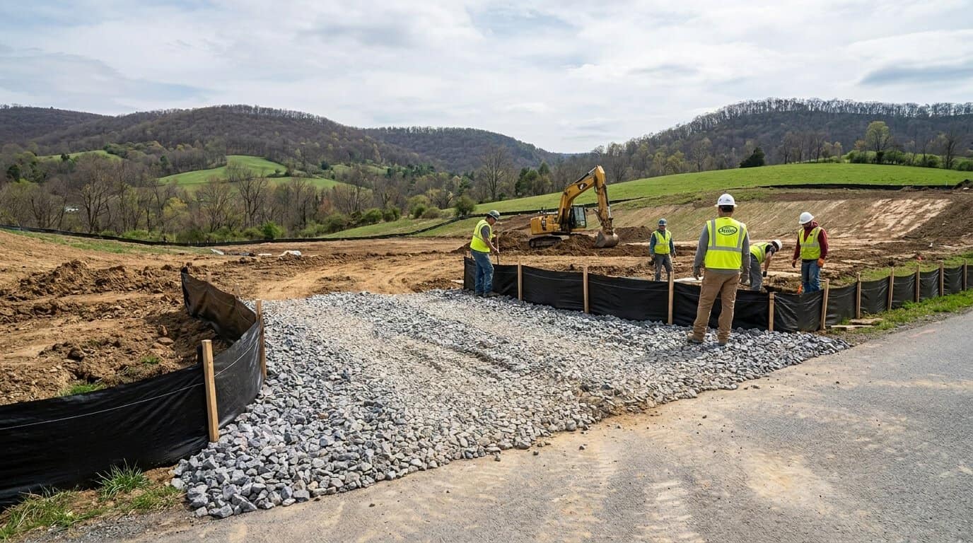 Image: Construction site in Pennsylvania with erosion control BMPs installed, showing silt fencing and stabilized entrance