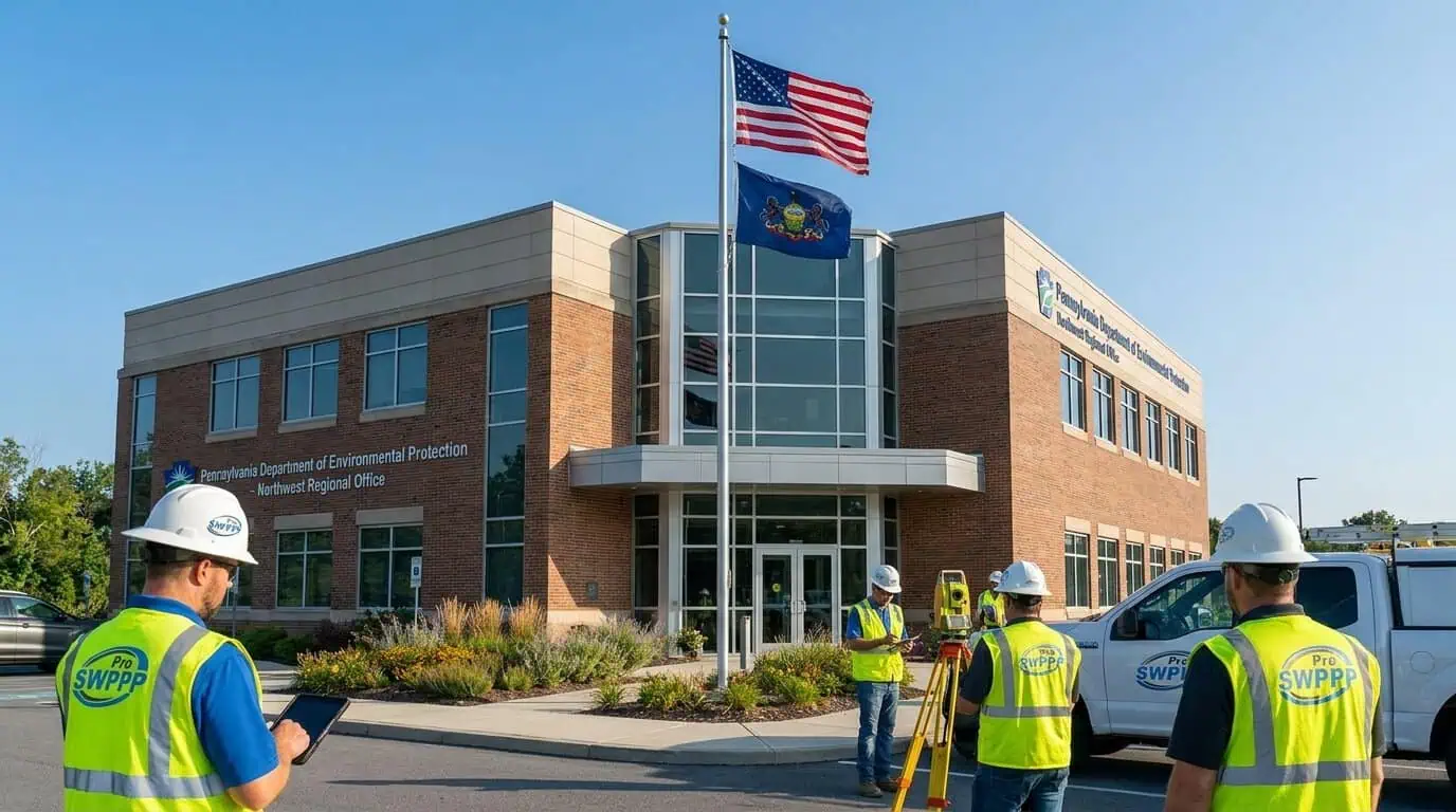 Image: Pennsylvania DEP office building with state and federal flags