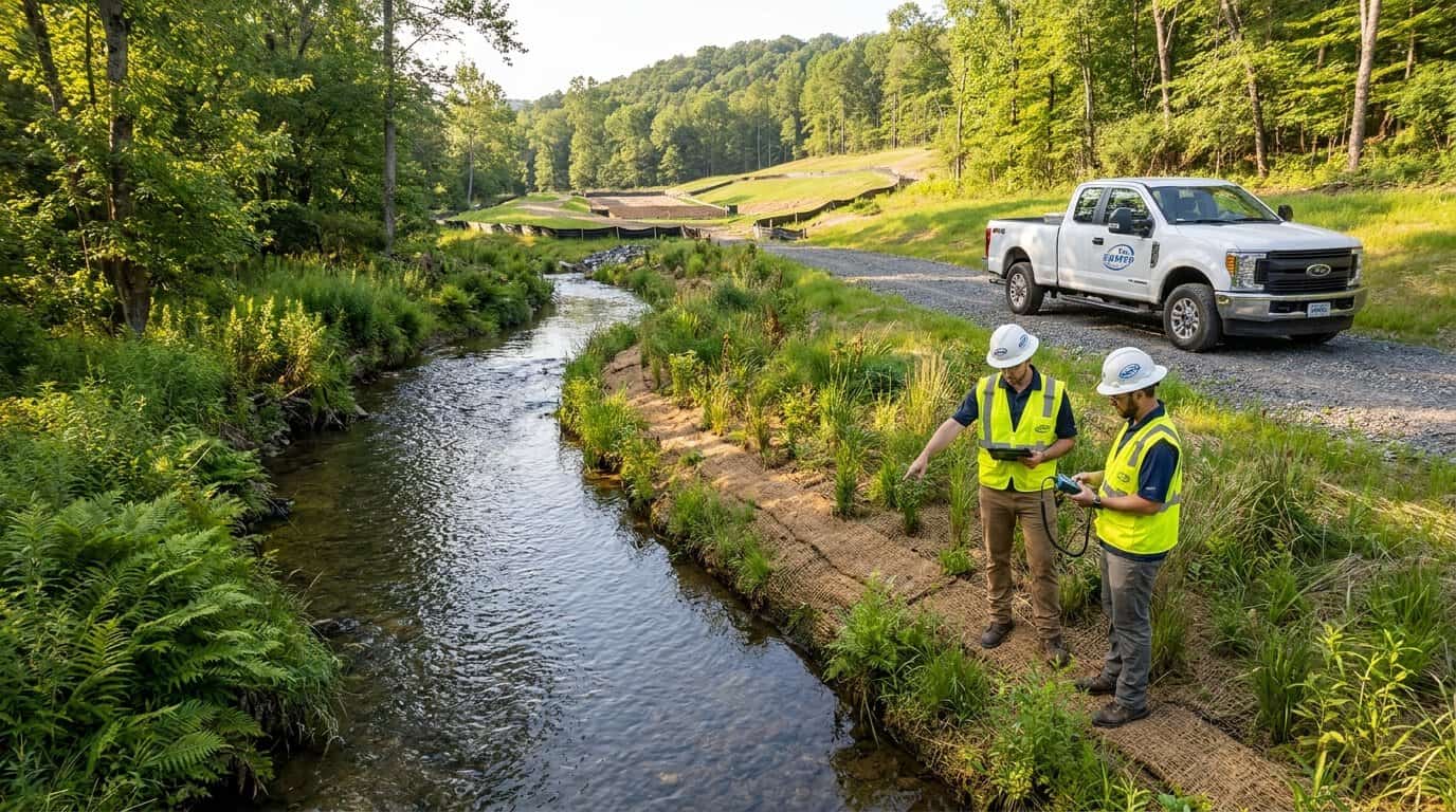 Image: Pennsylvania stream with clear water and healthy riparian vegetation, showing successful stormwater management