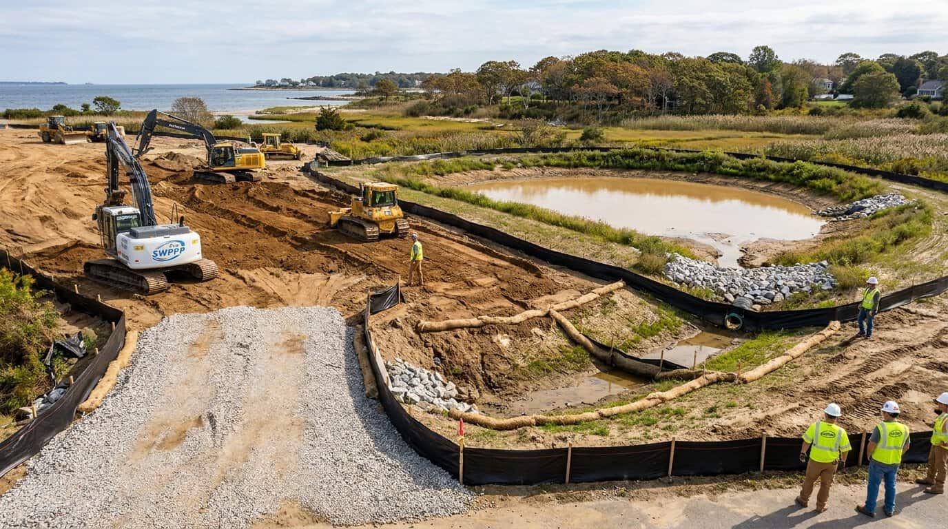 Rhode Island construction site showing erosion control measures and stormwater BMPs during active grading work