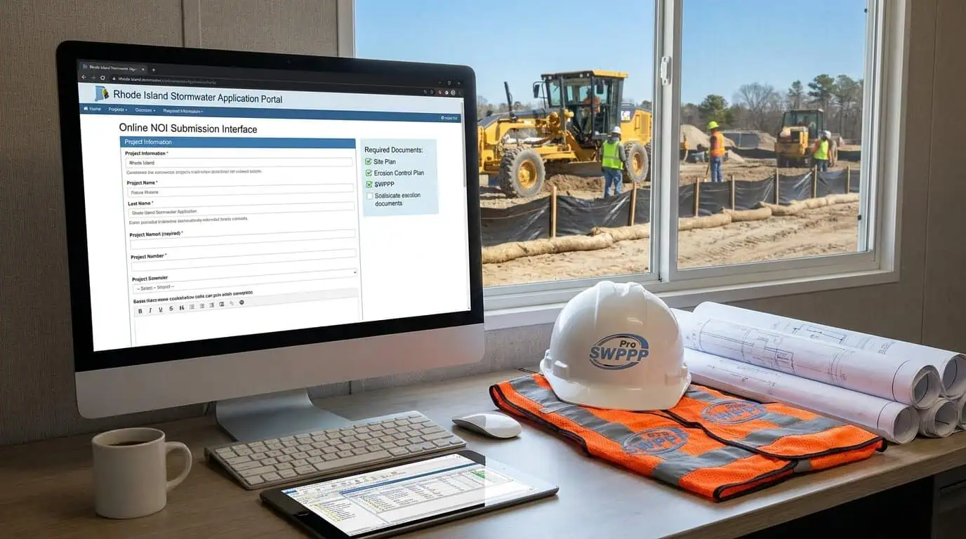 Rhode Island stormwater application portal screenshot showing online NOI submission interface and required documents checklist
