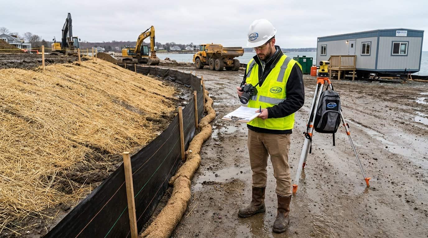Rhode Island construction site inspection showing SWPPP inspector documenting erosion control conditions with clipboard and camera