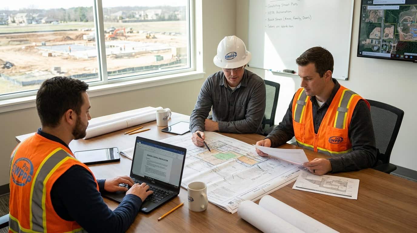 Pro SWPPP team preparing construction SWPPP documents with site plans and erosion control specifications