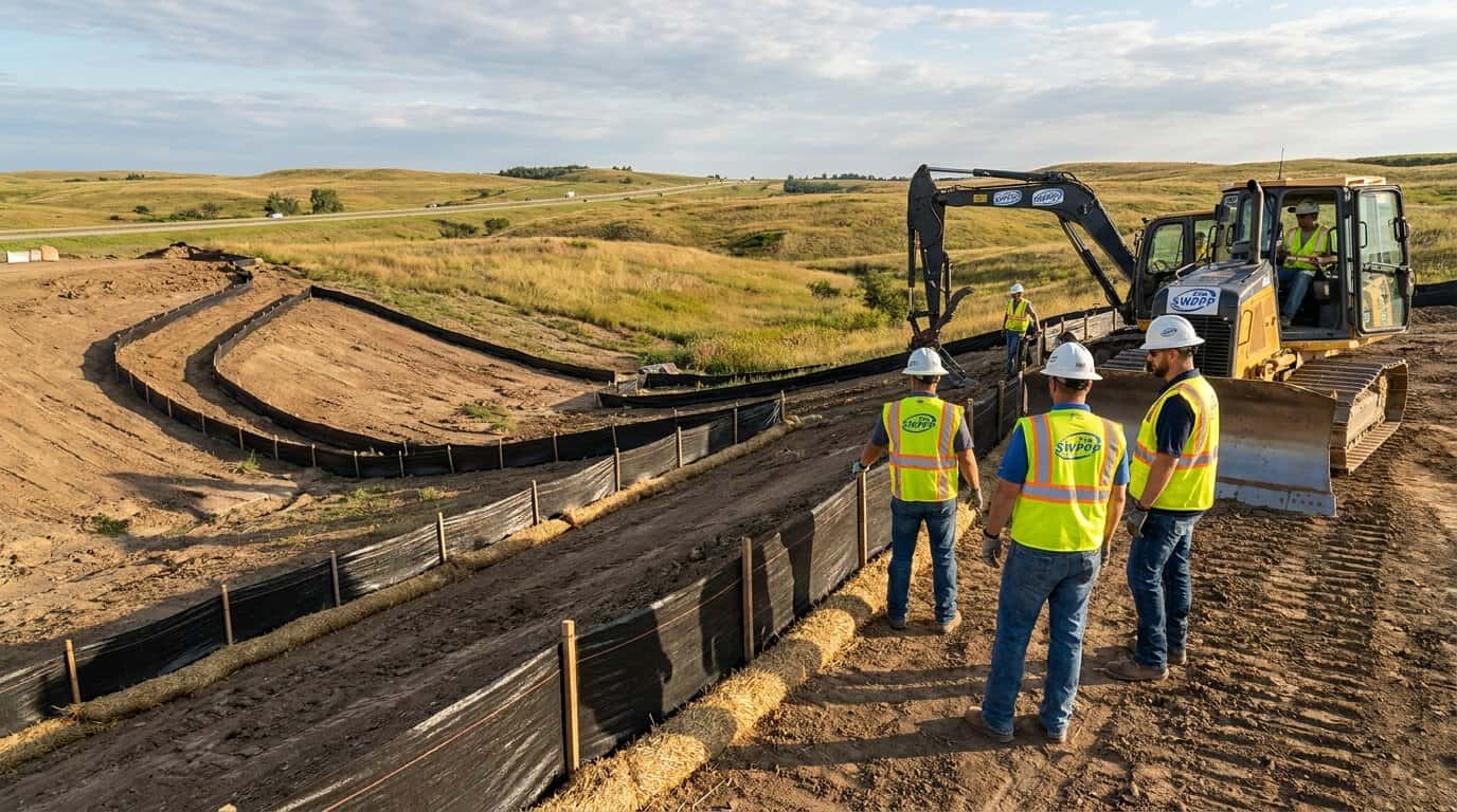 Construction site in South Dakota with erosion control measures and silt fencing installed along graded earth