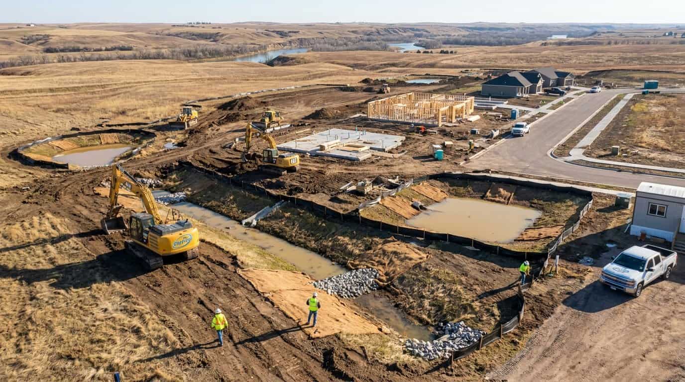 Aerial view of construction site in South Dakota showing multiple phases of development with stormwater controls