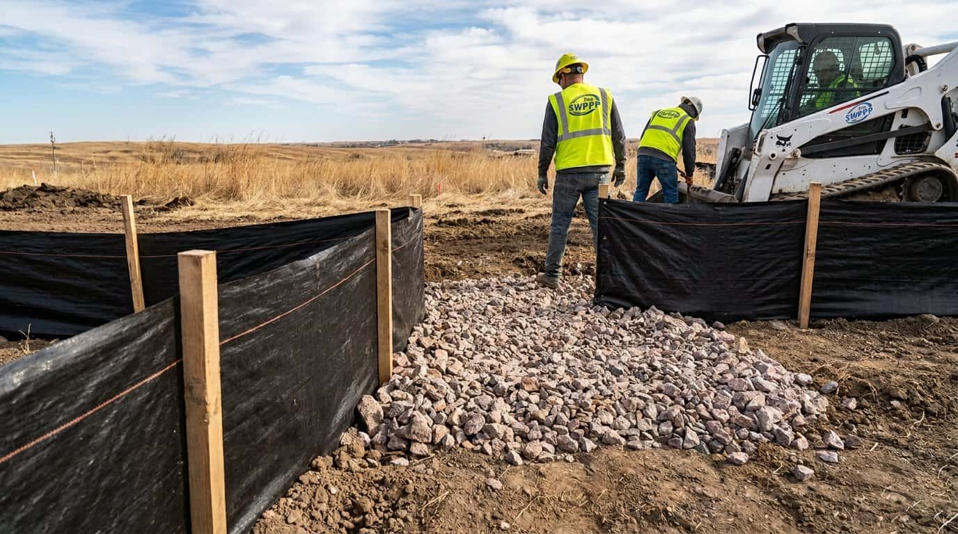 Close-up of properly installed silt fence and rock construction entrance at South Dakota job site