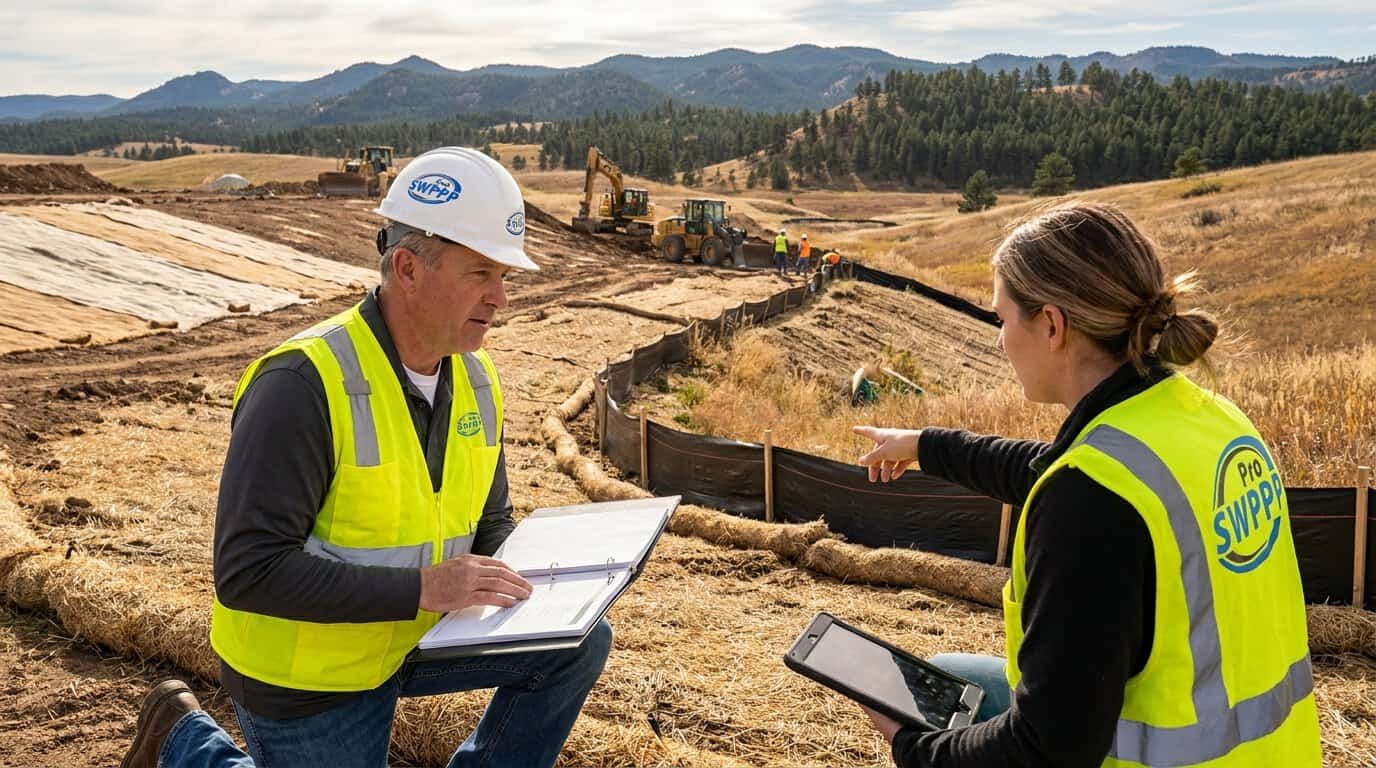 Inspector reviewing SWPPP documentation and checking erosion control on a South Dakota construction site