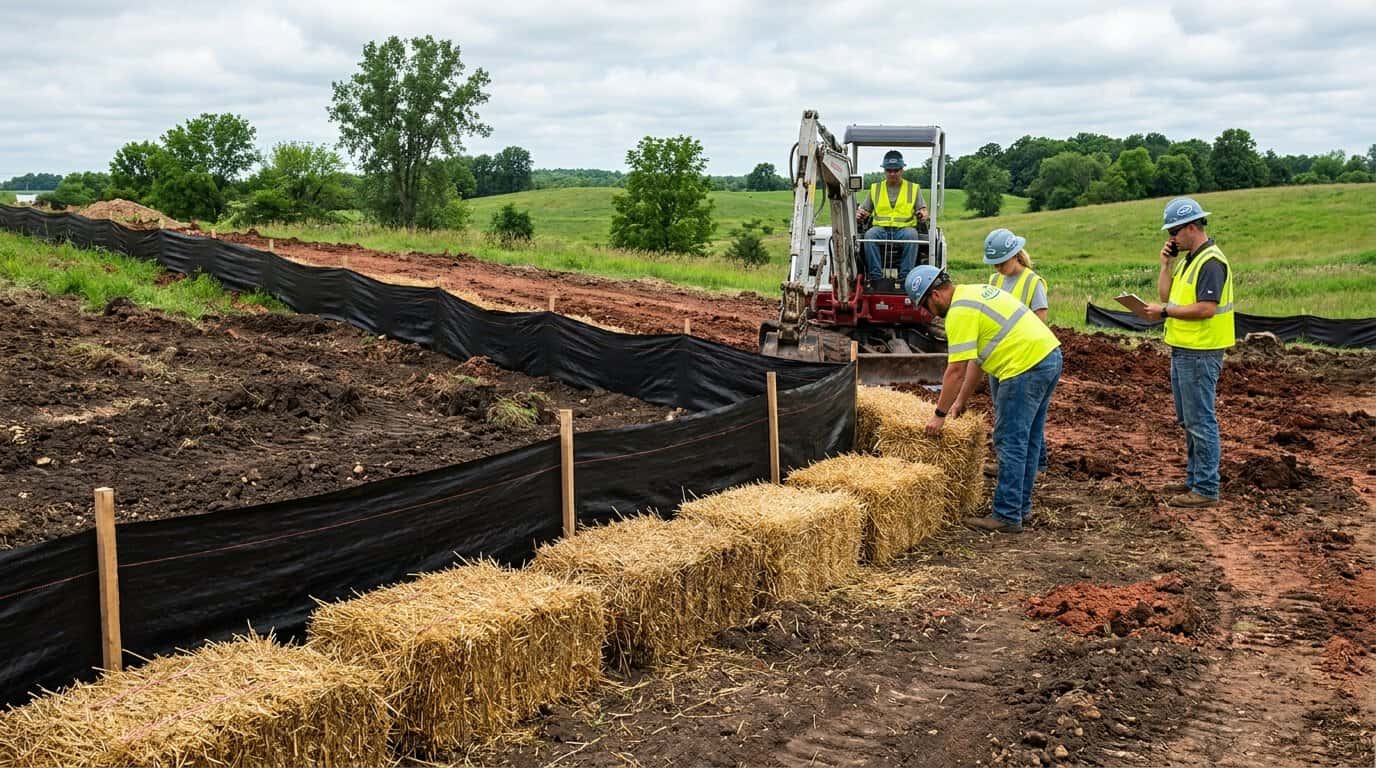 Wisconsin construction site erosion control with silt fencing and staked hay bales