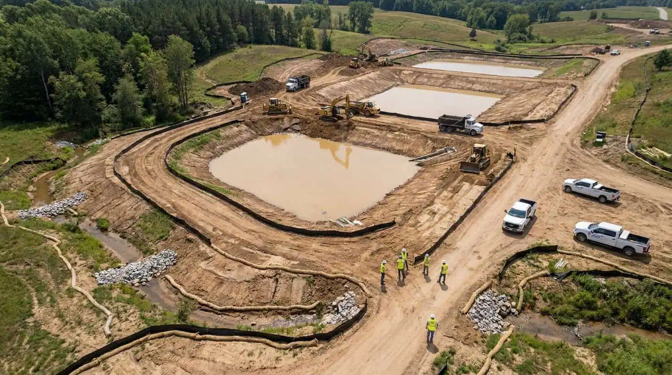 Aerial view of Wisconsin construction site with sediment basins and perimeter controls