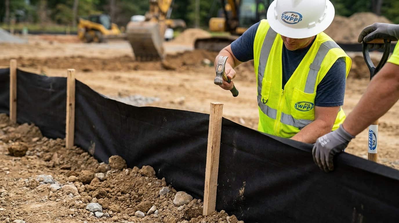 Close-up of construction site perimeter silt fence installation with wooden stakes