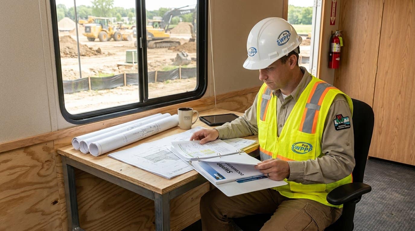 Wisconsin DNR inspector reviewing SWPPP documentation at construction trailer