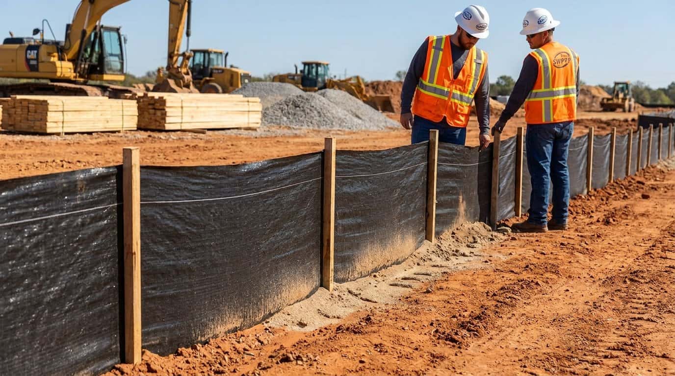 Close-up of silt fence and sediment control BMP at a Texas construction site