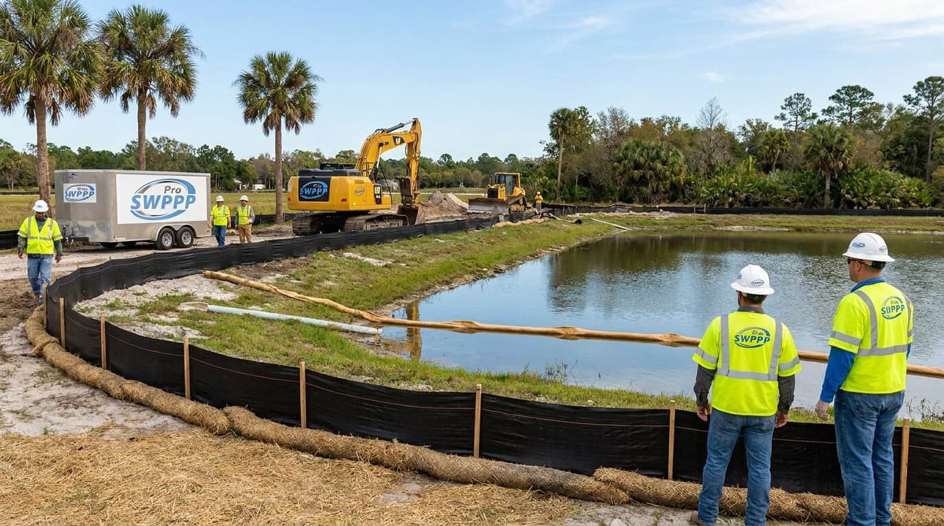 Construction site in Orange County Florida with erosion control barriers and stormwater pond