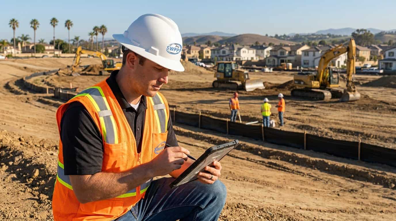 Contractor reviewing stormwater plans on a tablet at an Orange County construction site