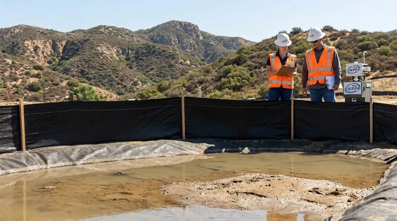 Close-up of installed silt fence and sediment basin at an Orange County site with inspectors in the background