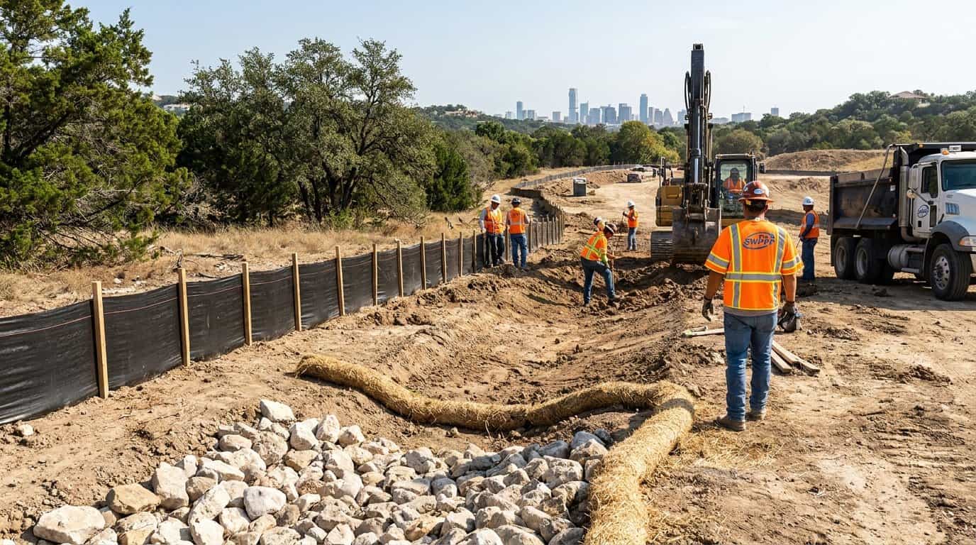 Austin construction site with erosion control and silt fence installed around perimeter