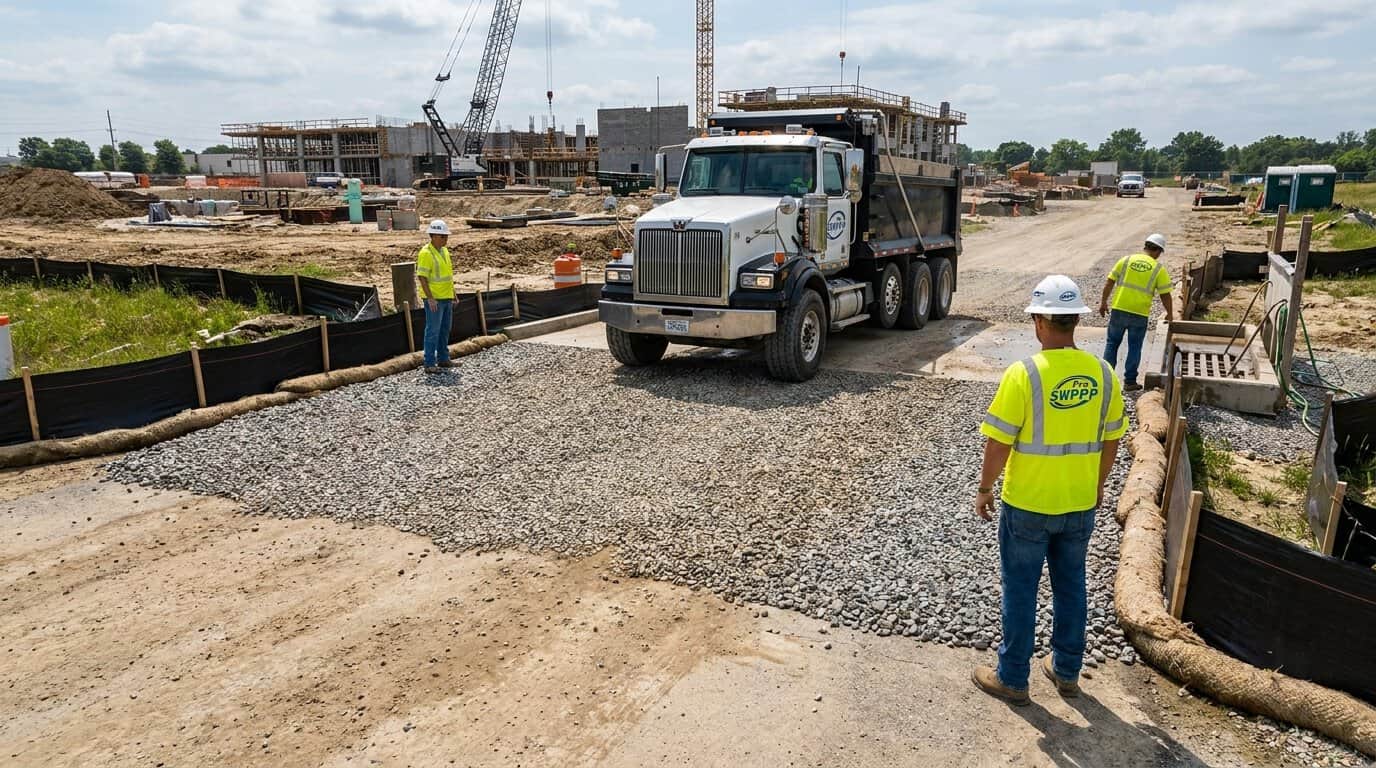 Construction site entrance with stabilized pad and tracking control measures
