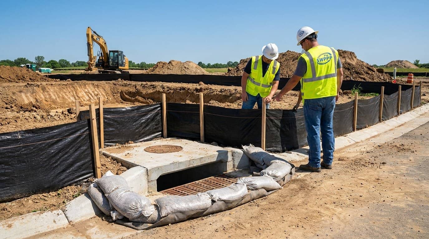 Silt fence and inlet protection installed around storm drain on construction site