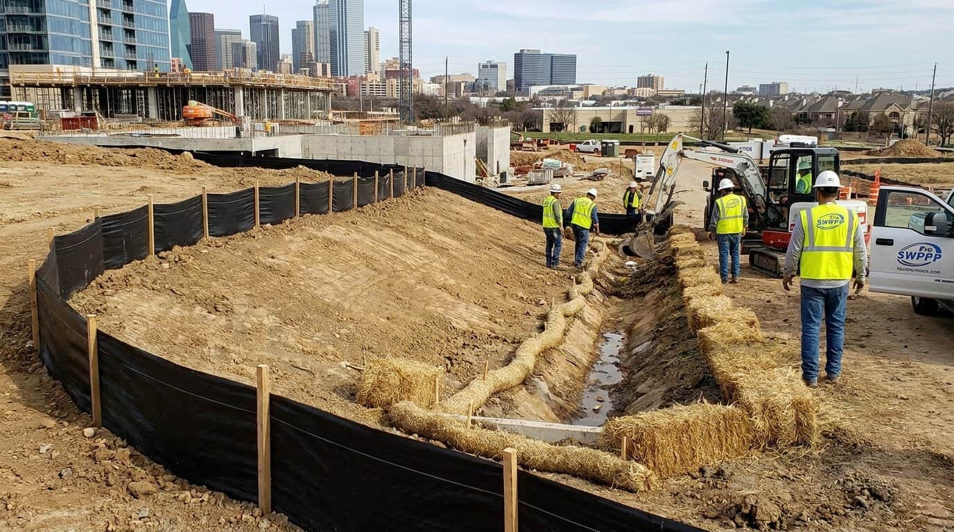 Construction site in Dallas Fort Worth with erosion control measures visible