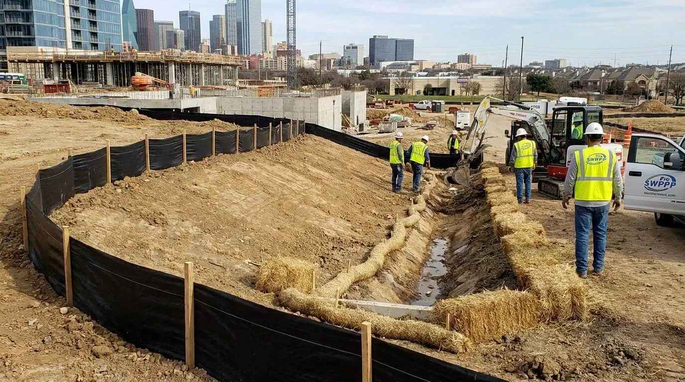 Construction site in Dallas Fort Worth with erosion control measures visible