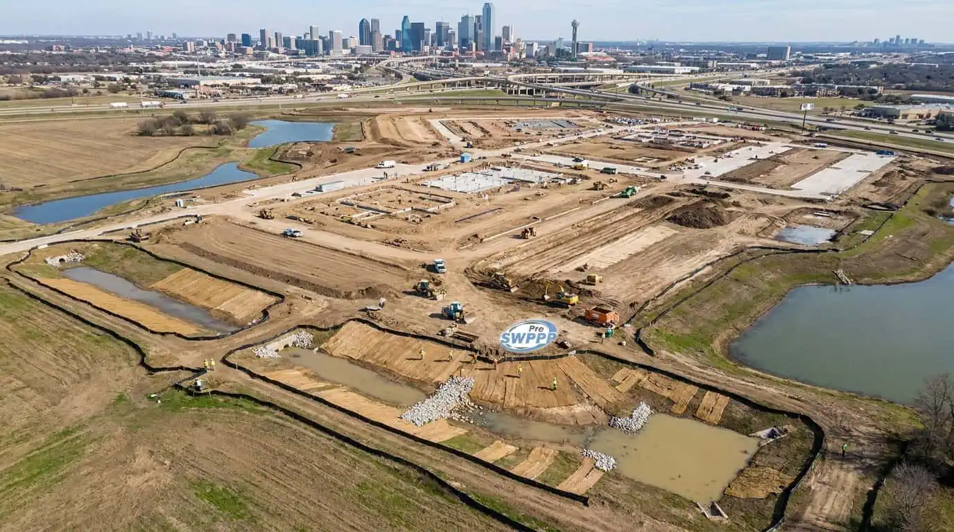 Aerial view of Dallas Fort Worth construction site with sediment control visible