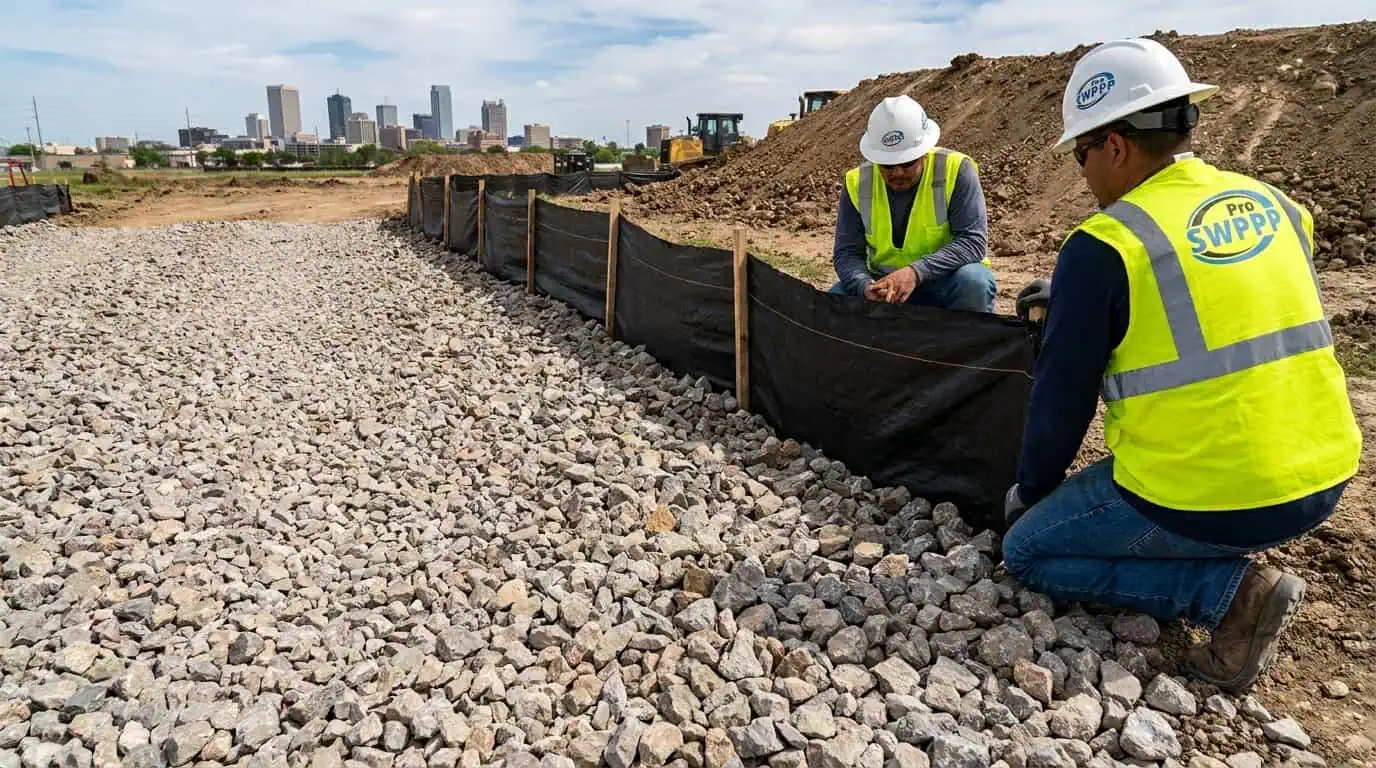 Fort Worth construction entrance with rock stabilization and silt fence
