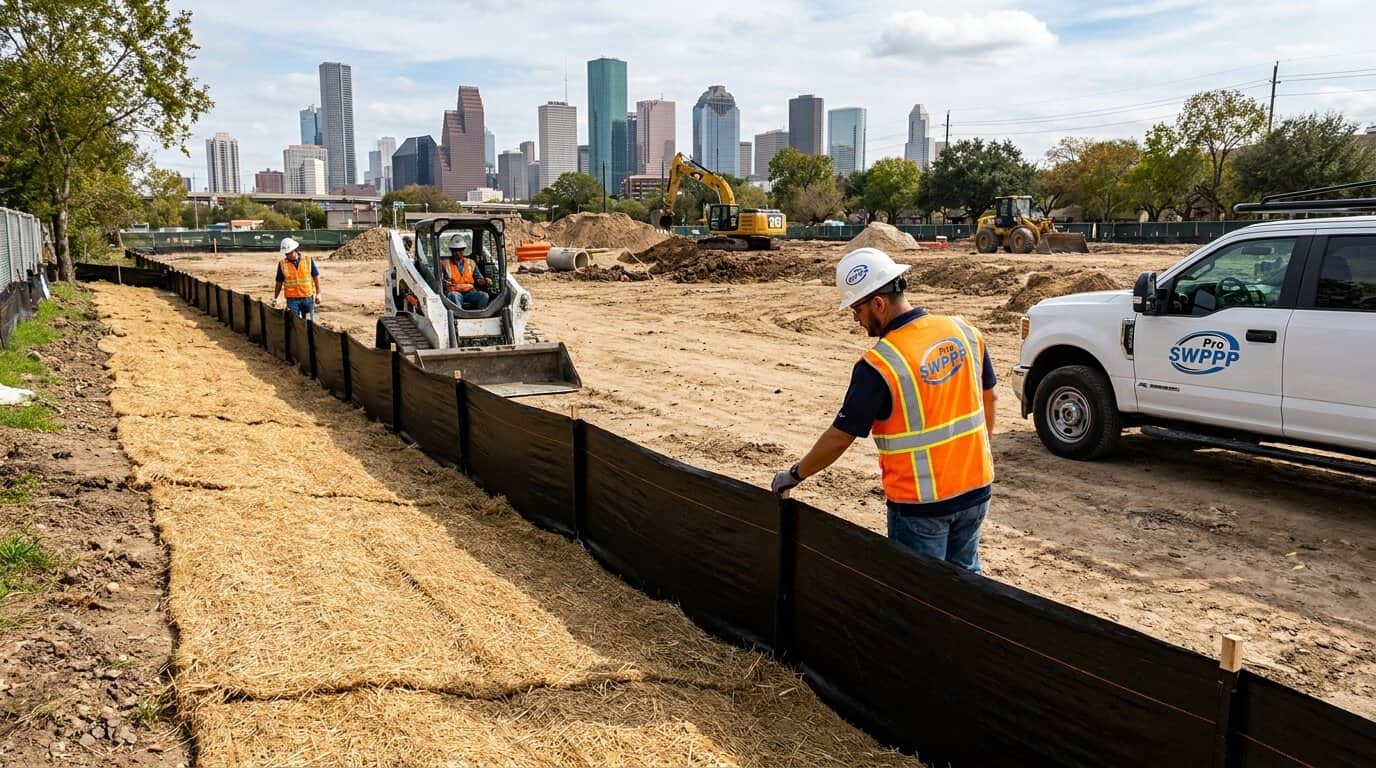 Houston construction site with silt fence and erosion controls installed along a cleared dirt lot