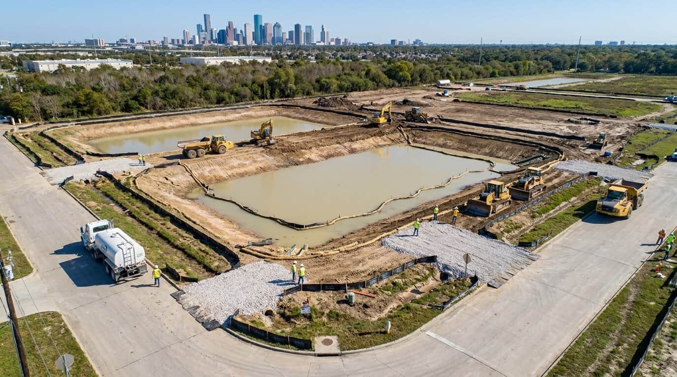 Aerial view of a Houston commercial construction site with visible sediment basins and stabilized entrances
