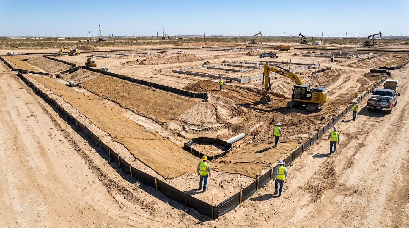 Aerial view of construction site in Odessa with erosion controls and silt fencing installed