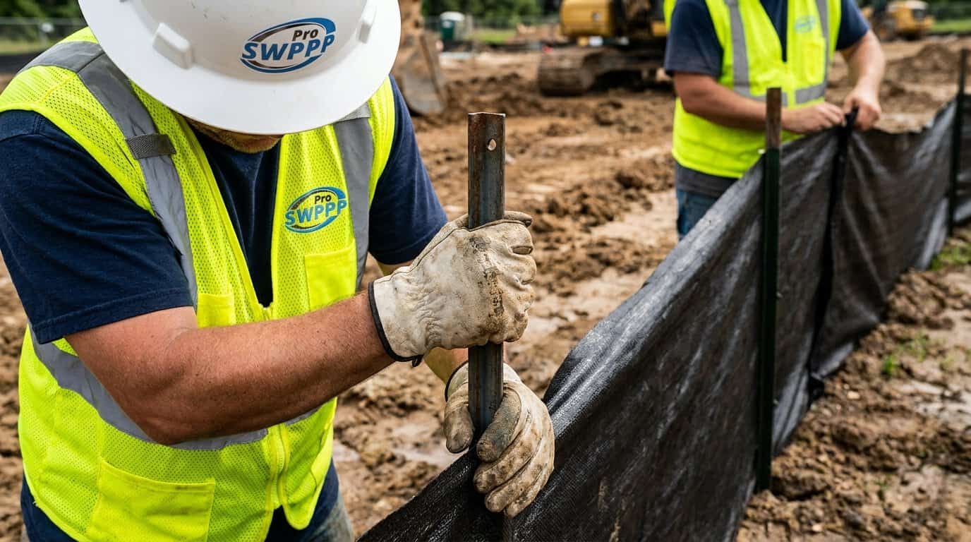 Close-up photo of construction worker installing silt fence and sediment control barriers