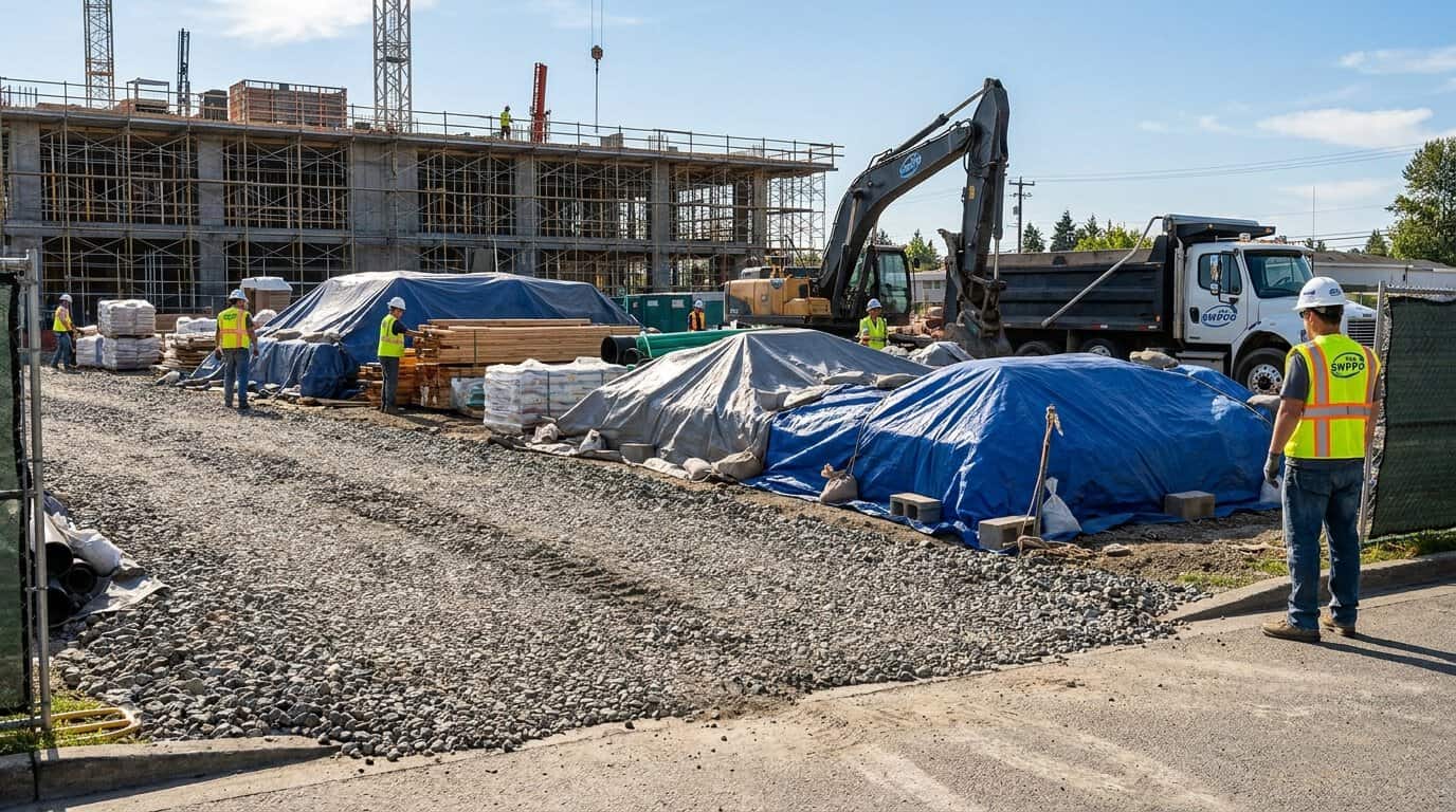 Construction site showing covered material storage and stabilized entrance with rock pad