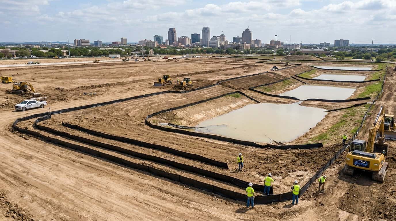 Wide aerial view of a San Antonio construction site with silt fences and sediment basins installed around cleared land