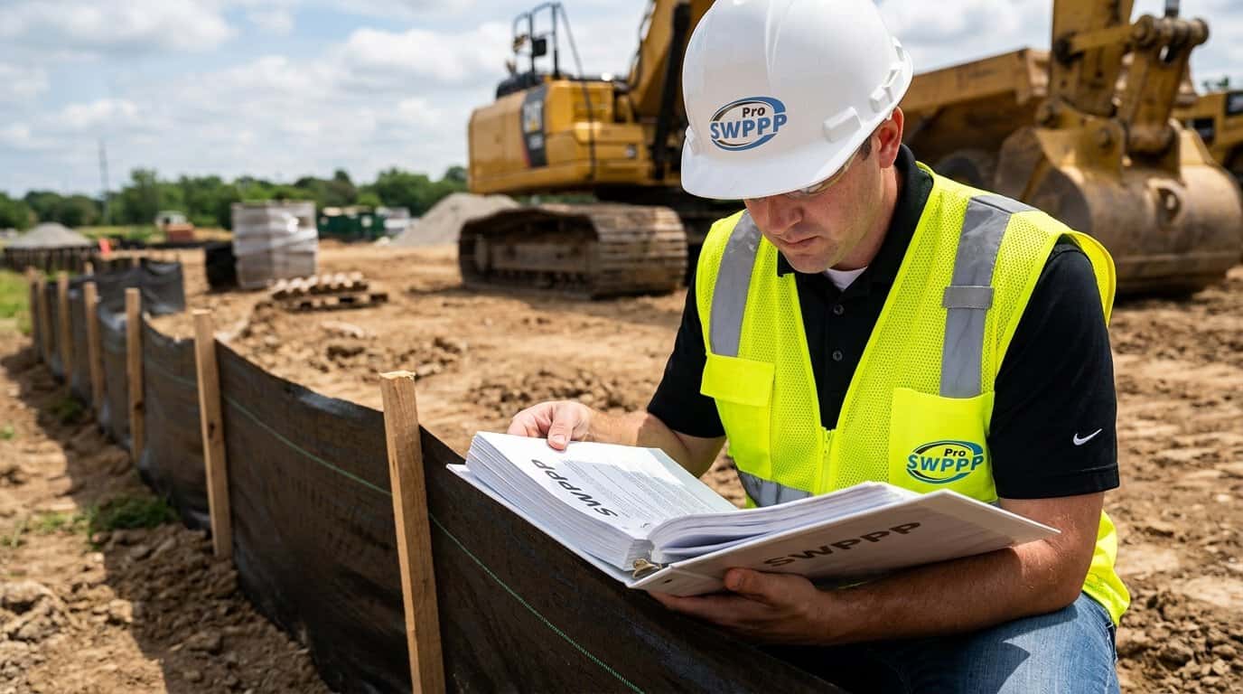 Close-up photo of a construction inspector reviewing a SWPPP binder next to a silt fence installation